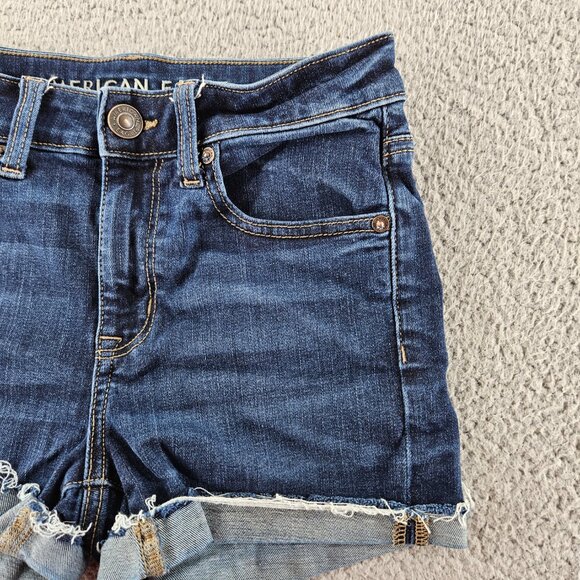 American Eagle Shorts Womens 2 Blue Denim Hi-Rise Shortie Next Level Stretch Raw - Picture 3 of 16